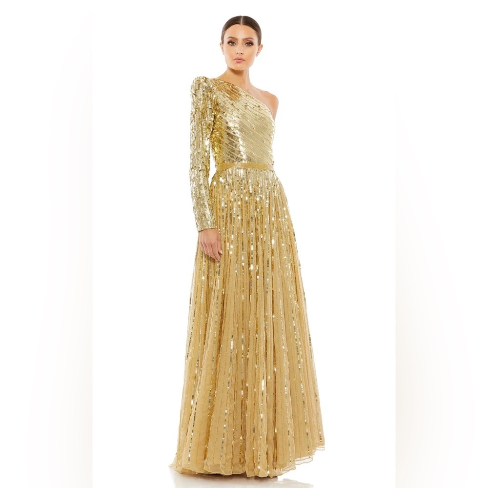 Mac Duggal Gold Sequined One Shoulder A Line Gown Sz 10 #5508 NWT